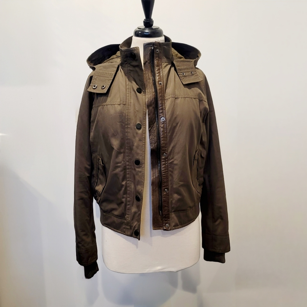 VINCE leather details Full Zip Hooded Bomber Jacket w/pockets Size XS
